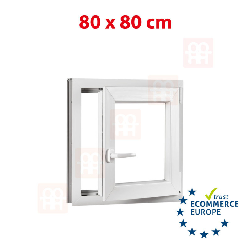 Kunststofffenster | 80x80 cm (800x800 mm) | weiß | Dreh-Kipp-Fenster | rechts | 6 Kammern Kunststofffenster | 80x80 cm (800x800 mm) | weiß | Dreh-Kipp-Fenster | rechts | 6 Kammern